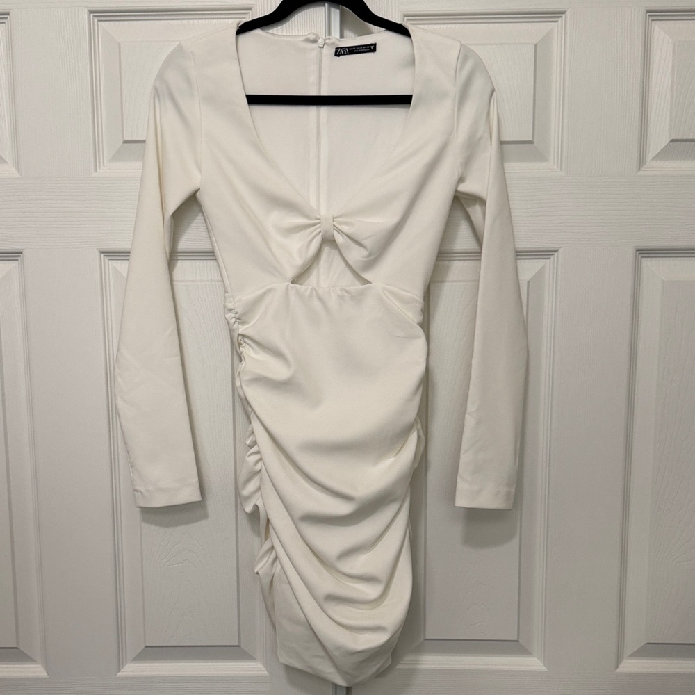 Zara White Long-Sleeve Ruched Knot Midi Dress